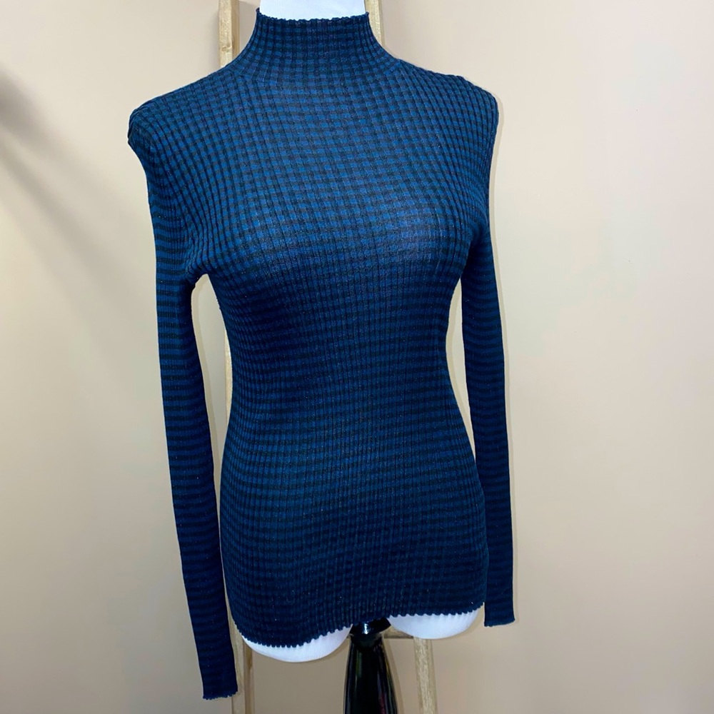 Akris Bergdorf Goodman Navy and Black Stripe semi-sheer Sweater